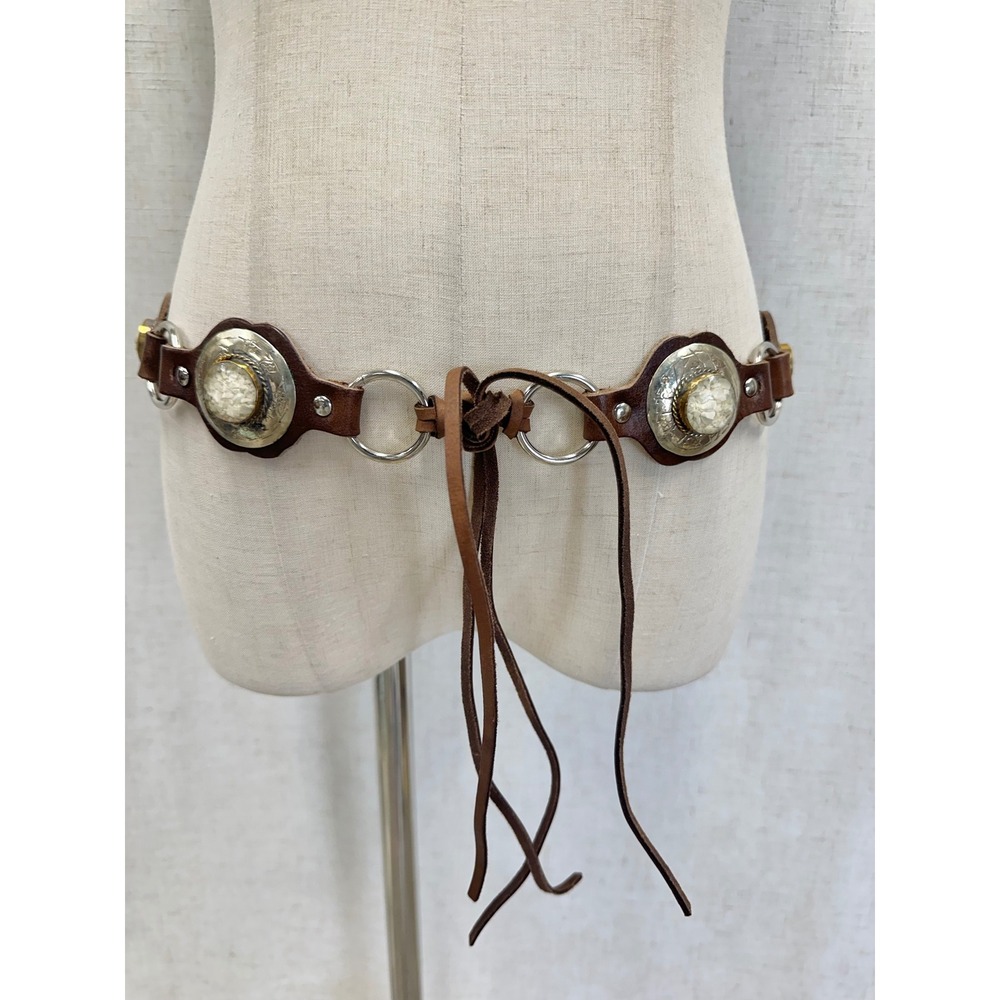 Leather Concho Morroccan Belt Womens OS Brown Silver Southwestern Boho Tie Front